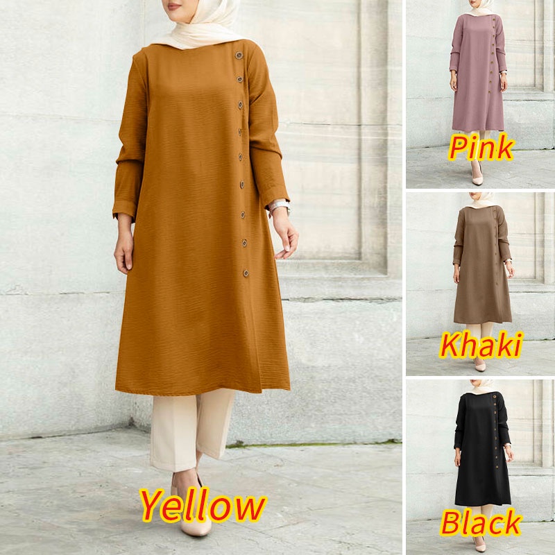 ZANZEA Women Long Sleeve Vintage O Neck Solid Casual Button Cuffs Muslim Blouse