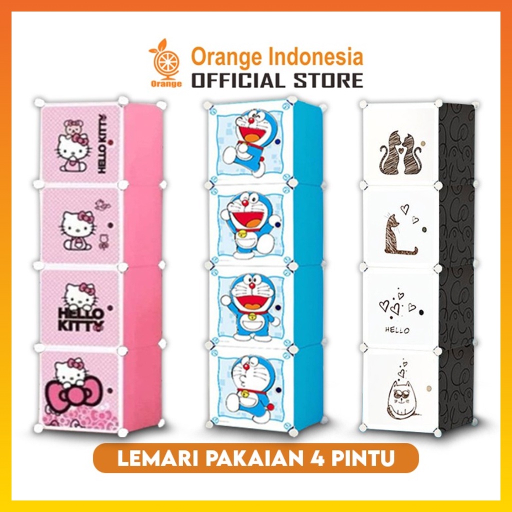 Lemari Plastik 4 Pintu Lemari Baju portable Motif Karakter Lemari Pakaian Plastik WHFURNITURE