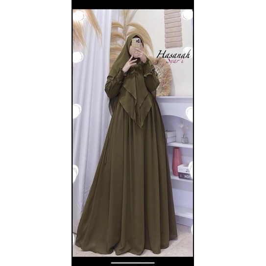 Gamis syari hasanah bahan ceruty baby doll premium full furing / busui / resleting-Olive
