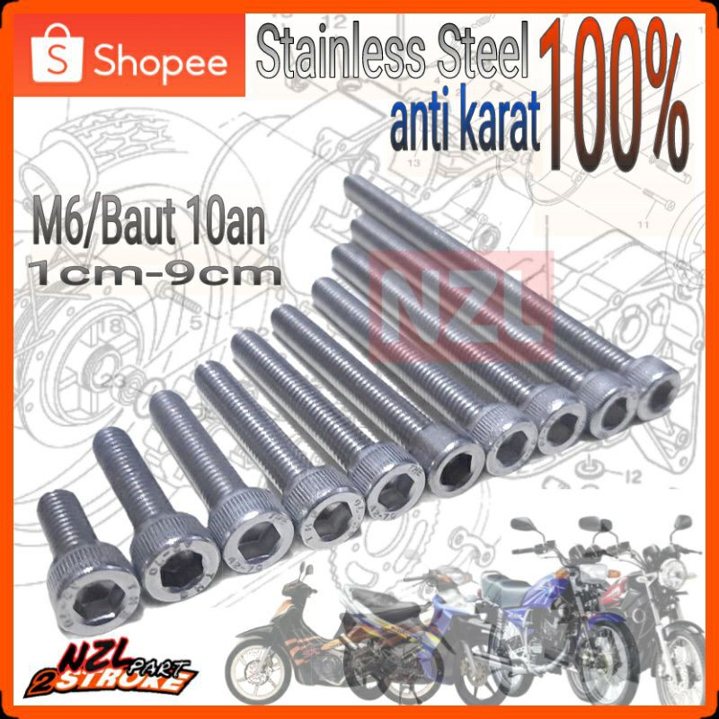 Baut L stainless m6 10an x 3 4 5 6 7 8 9 10 cm bak block mesin rx king f1zr satria jupiter ninja nou