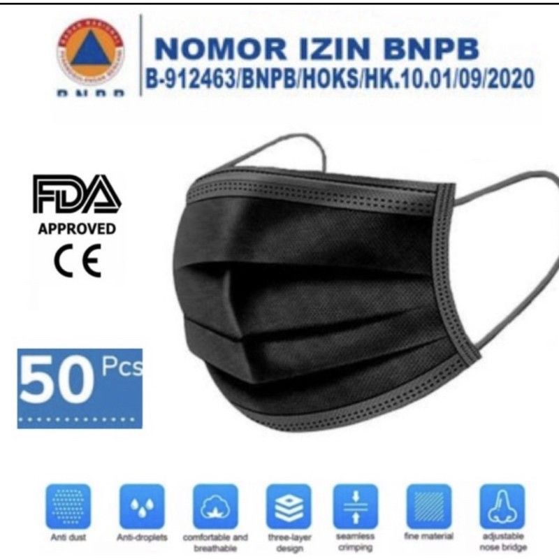 [Box isi 50pcs] Masker Earloop 3ply HITAM / Masker Cantol Hitam / Earloop Disposable Mask