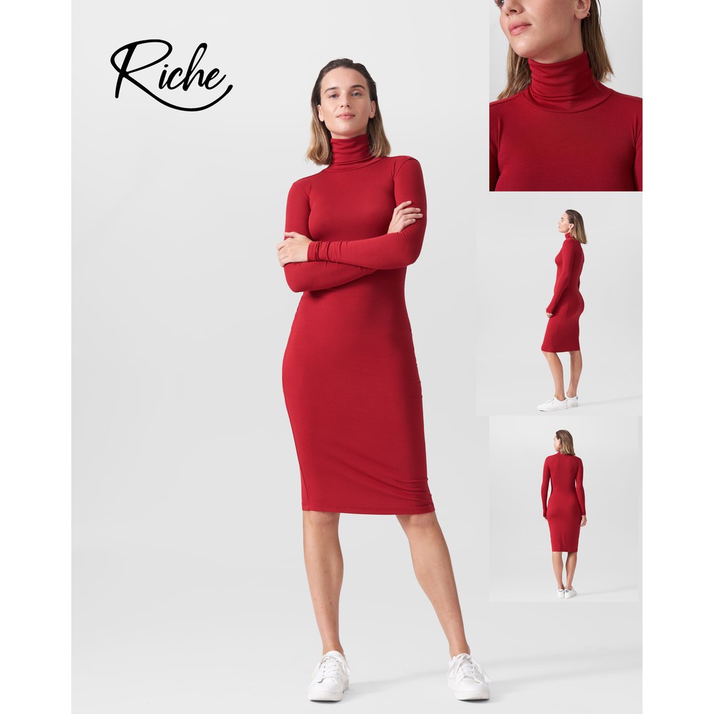 riche - basic maxi dress bodycon / lengan panjang / leher tinggi / Premium knit original  tebal tidak nerawang