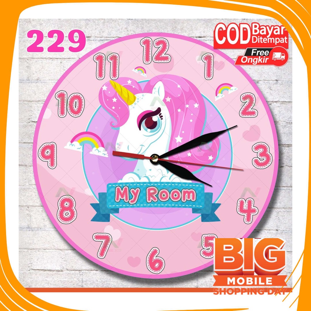 JAm Cewe Pink Bue Sky Gold Silver rubber Anti karat Air / 229 JAM DINDING ANAK KARAKTER UNICORN PINK