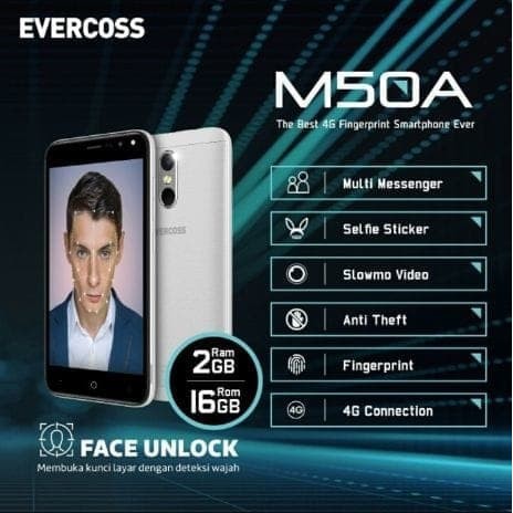 Evercoss M50 4G LTE Face Unlock Ram 1/8GB Garansi Resmi