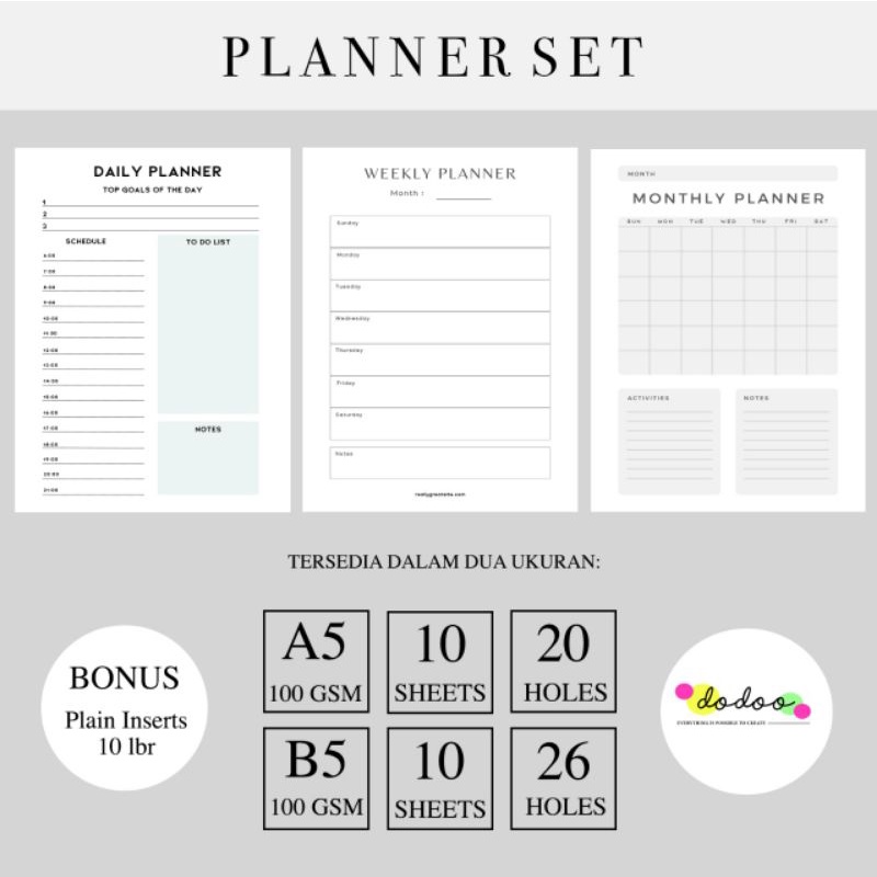 

Loose Leaf Daily Weekly Mothly Planner Isi Binder A5/B5 20 lubang 26 lubang