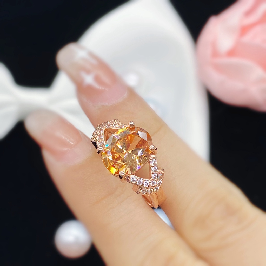 Champagne Moissanite Yang Mewah Cincin Baja Titanium Emas Mawar Berlian Kristal Fashion Wanita Pernikahan Rings