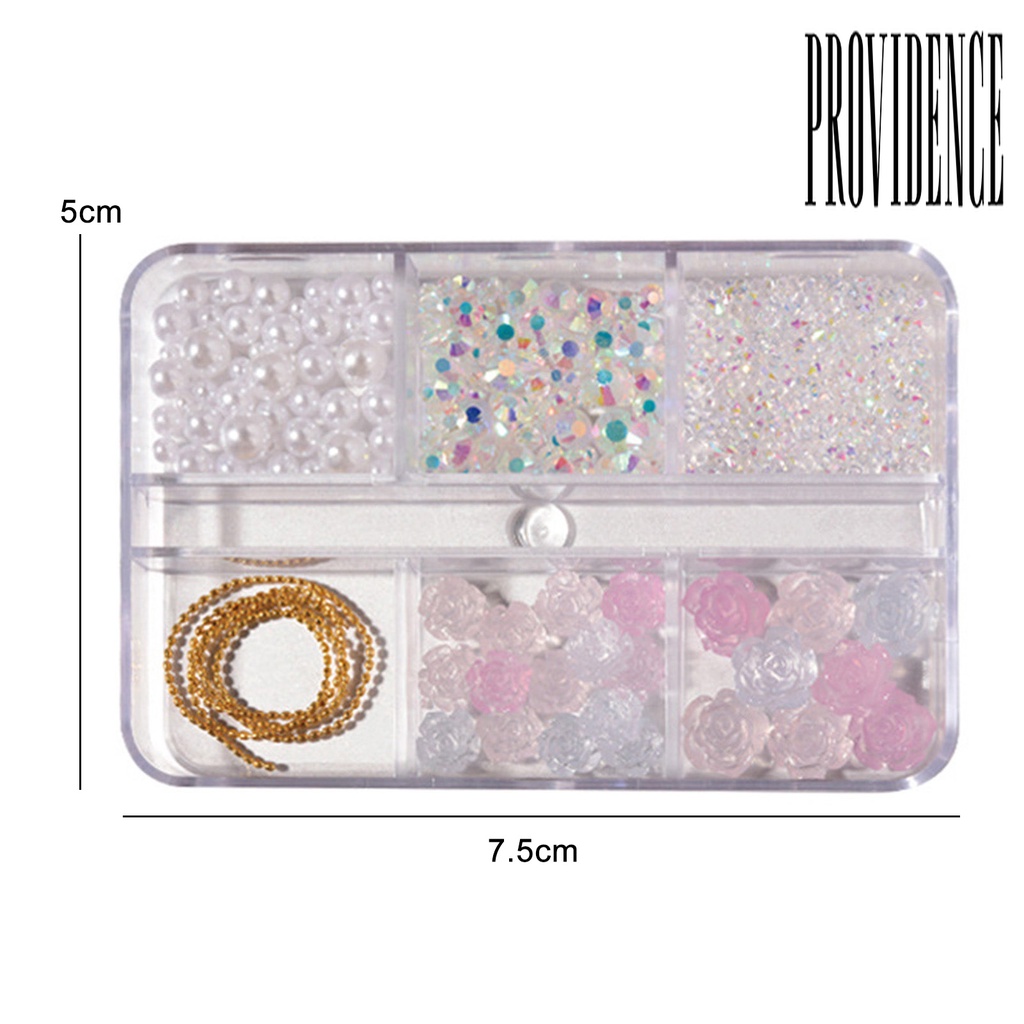 Providence 6 Sekat / Kotak Hiasan Kuku Bentuk Bunga Kamelia / Aurora / Mutiara Putih Untuk Nail Art Wanita