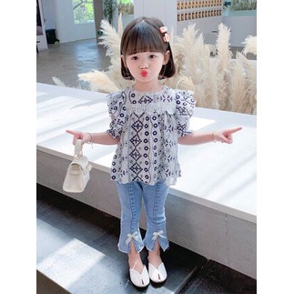 (LOLI-JKT) BS-236 SET ANAK CEWEK CLASSICAL LACE EMBROIDERED TOP + SPLIT DENIM SIZE 100-140