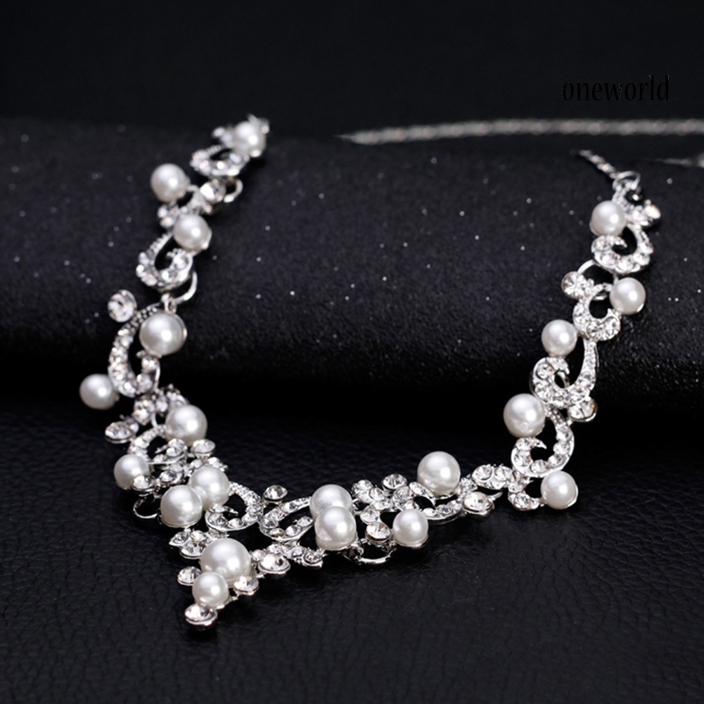 OW@ Fashion Alloy Rhinestone Faux Pearl Necklace Earrings Women Bride Jewelry Set