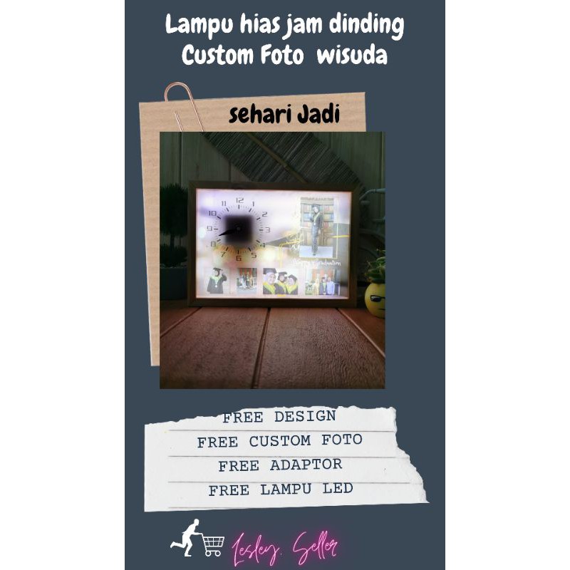 [ANTI PECAH] Lampu Hias Jam Dinding Custom Foto Wisuda Bingkai Frame Kayu