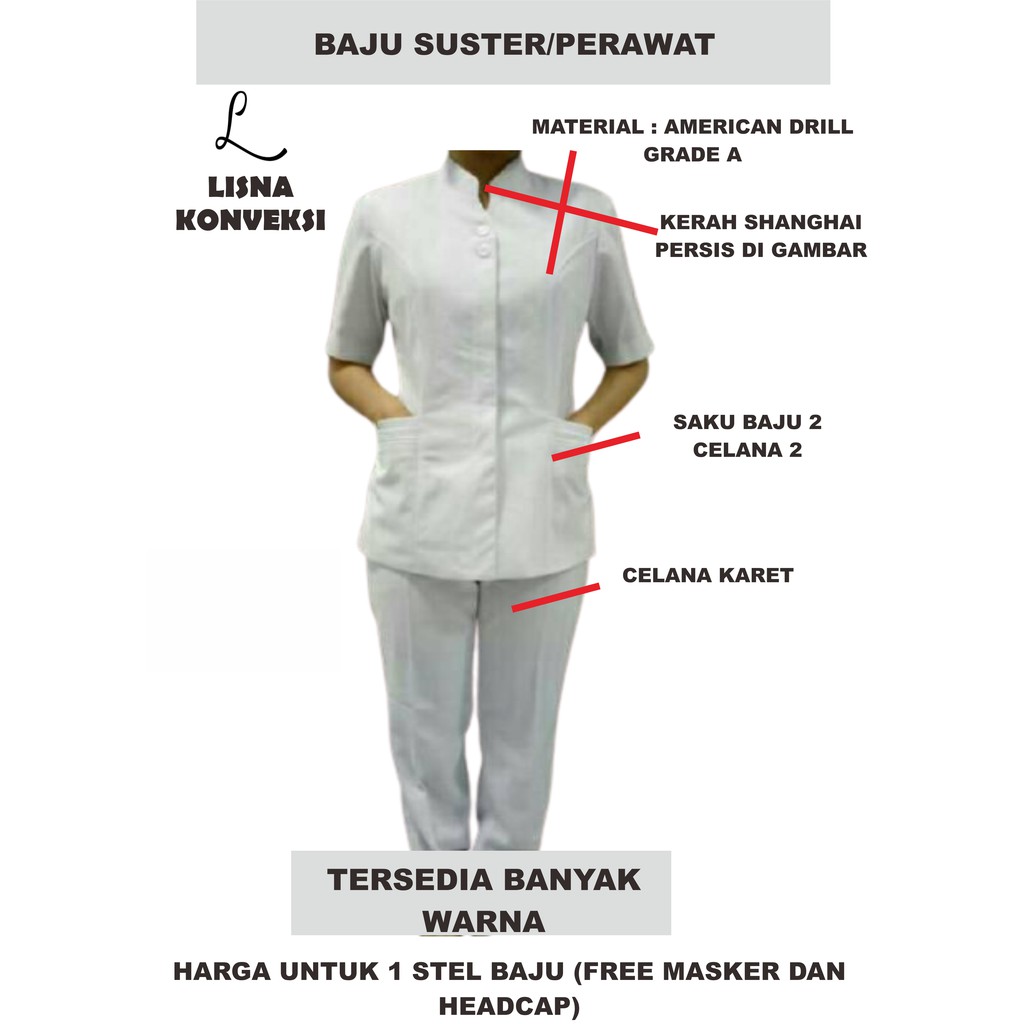 Baju Suster Baju Perawat APD Aneka Warna American Drill Grade A Lengan Pendek XS-XL