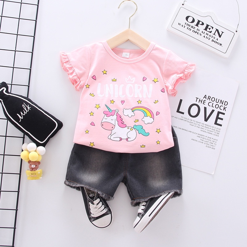 NEW Setelan baju lengan pendek dan celana pendek anak motif unicorn