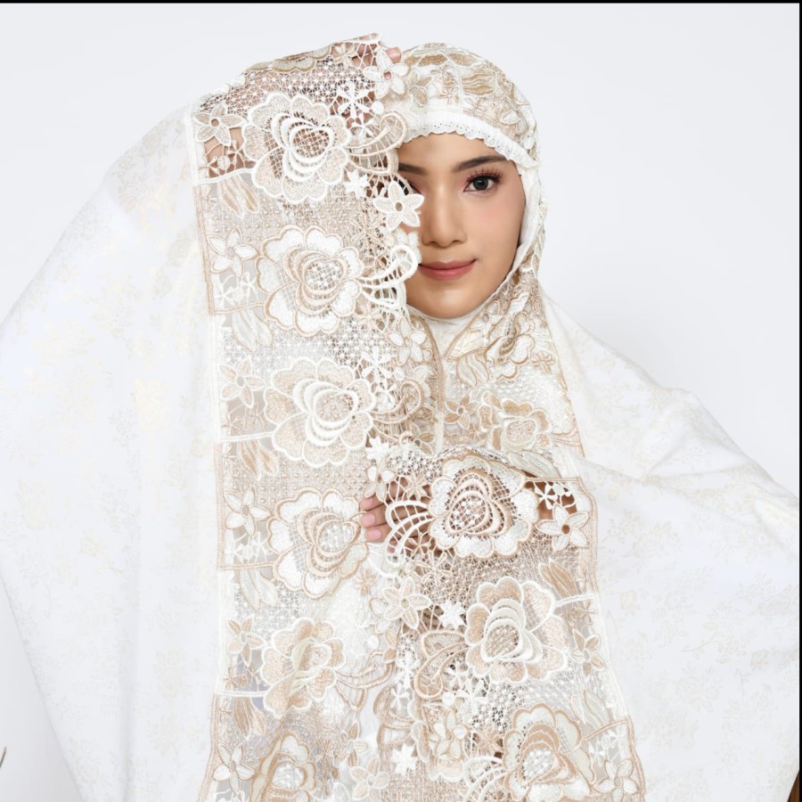 Mukena Mukenah Mukna Jumbo dewasa Katun Poil Silk Full Kd Mix Motif Renda Prada Putih Milo Bw Adem L
