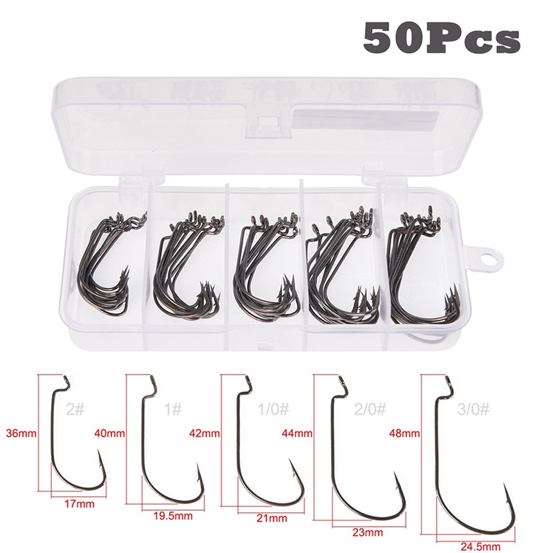 50Pcs Wide Gap Worm Fishing Hooks Jig Crank Big Bass Hook Black High Carbon Steel Crank Barbed Hook for Soft Fishing Lure