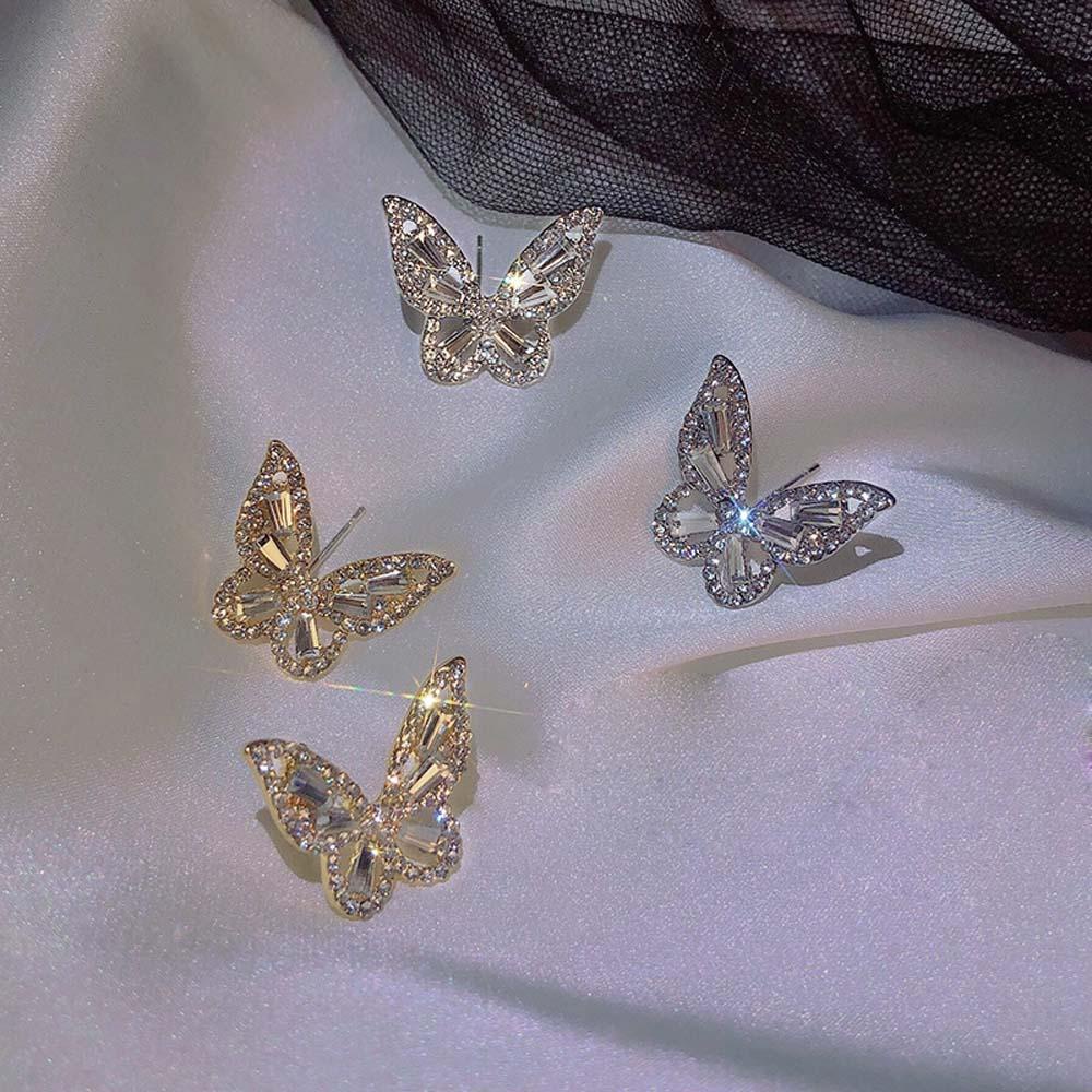Anting Stud Silver Needle Bentuk Kupu-Kupu Kecil Aksen Berlian Imitasi Warna-Warni Gaya Korea Untuk Wanita