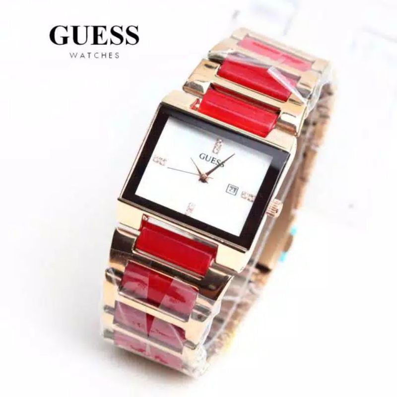 Jam Tangan Wanita Segi Guess Elegant Combinasi Keramik