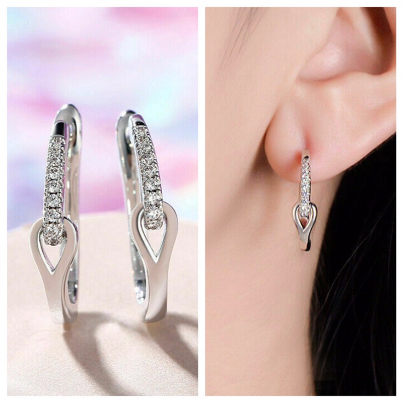 Anting Hoop Bentuk U Warna Silver Bahan Cubic Zircon Untuk Wanita