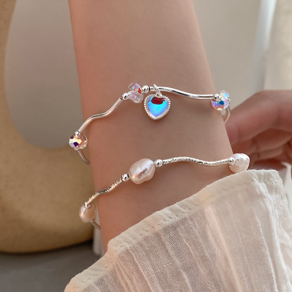 Gelang Tangan Alloy Silver Desain Hati Hias Moonstone Untuk Wanita