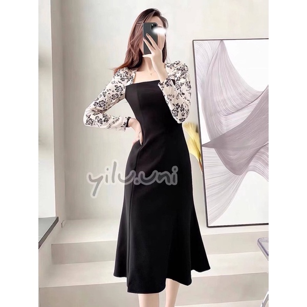 H7 D17/17 Dress midi square neck lengan panjang / korean vintage dress