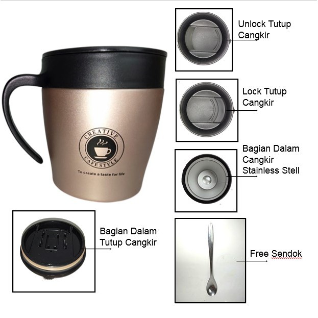 TERBARU!!! GRATIS PACKING BUBBLE Mug Kopi Stainless Stell 330 ml (FREE SENDOK KOPI)