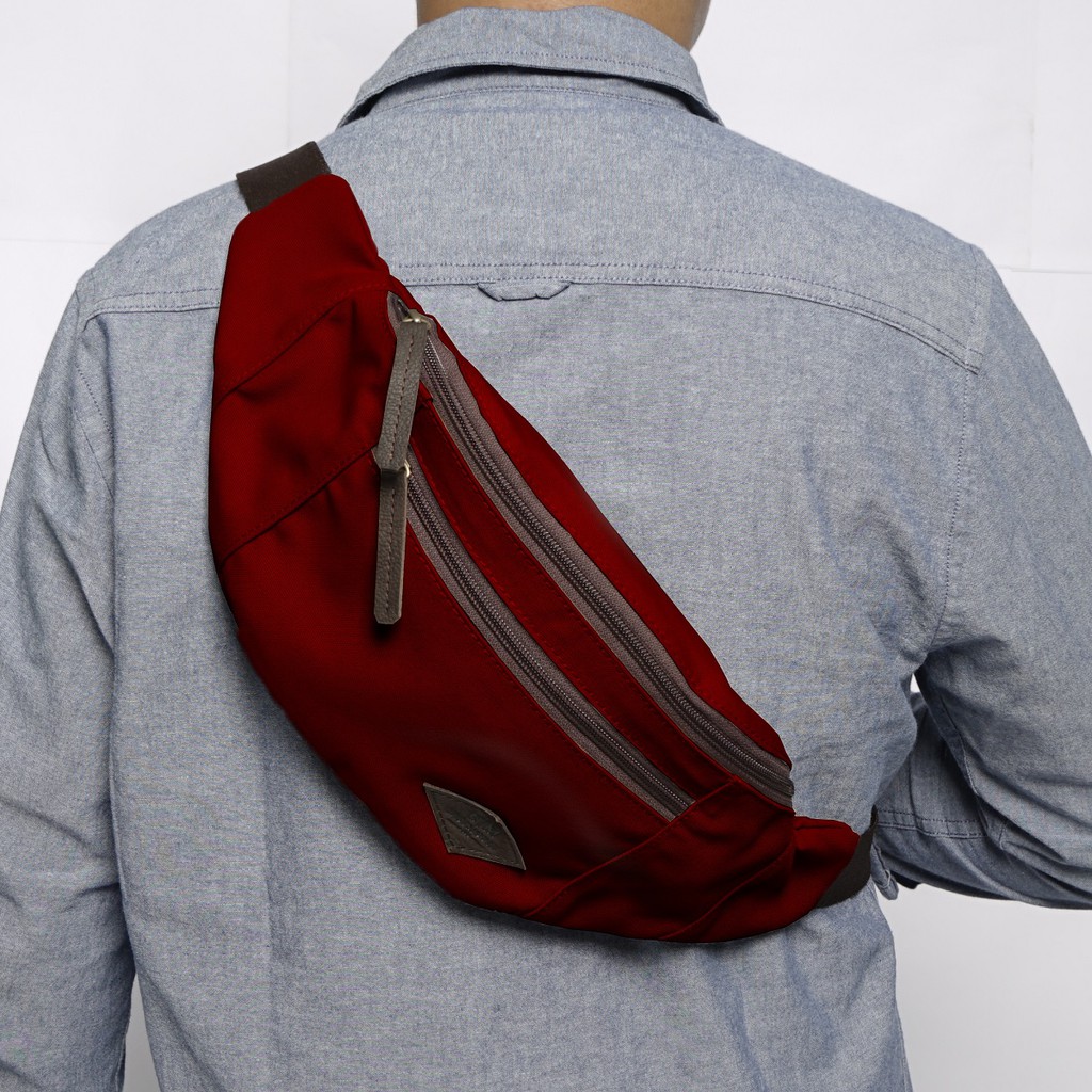 Waistbag Tas Selempang Pinggang IDAHO Maroon Kanvas TEBAL Water Repellent &amp; Kulit ASLI