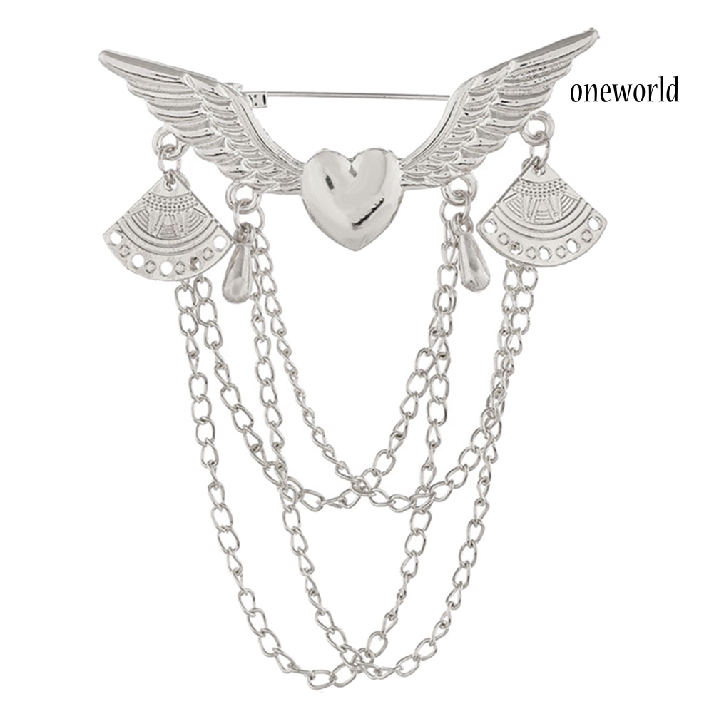 OW@ Retro Angel Wing Heart Shirt Suit Collar Tip Lapel Brooch Pin with Chain Tassel