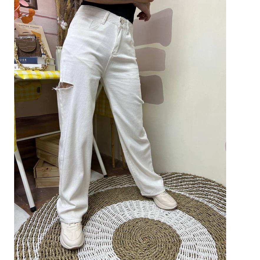 *TERLARIS* Celana Jeans Jens Panjang Wanita Cewek Perempuan Dewasa Kekinian Sobek Putih Premium A8 p