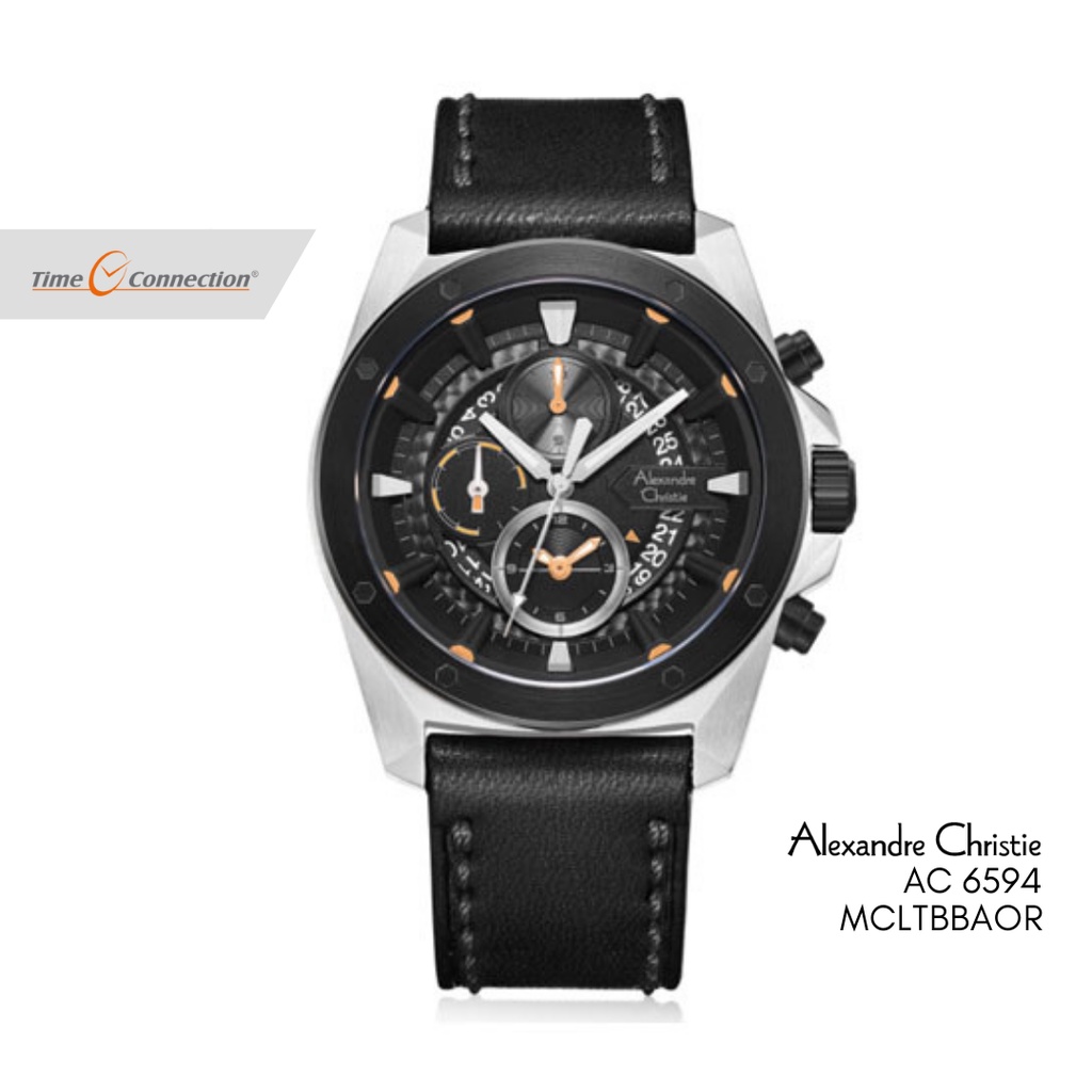 Alexandre Christie AC 6594 MCLTBBAOR Silver Hitam Oren Original / Jam Tangan Pria Kulit / Silver Bla