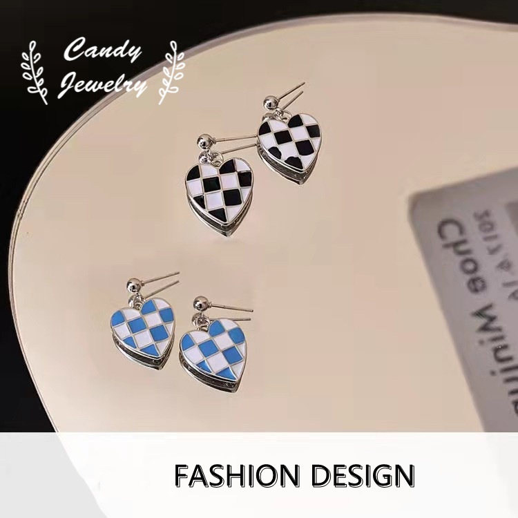 Anting Tusuk Gantung Bahan Sterling Silver 925 Desain Hati + Papan Catur Hitam + Biru Untuk Wanita
