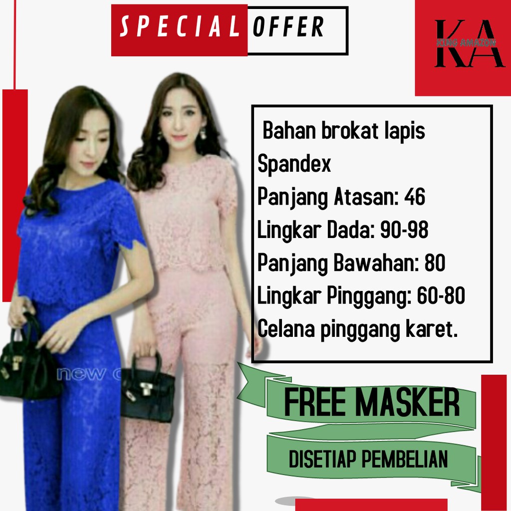 Baju Setelan Brokat Brukat Casual Korean Style Kondangan Party Lengan Pendek Set Celana Wanita KERRY