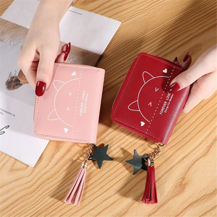 W35 Dompet Mini Wanita Motif Kucing Hati Binatang Lucu Koin Cewek Kartu Uang Foto Cantik Women Wallet Perempuan Kulit PU Leather Hitam Lipat Kecil Panjang Korea Pria Cowok Laki Laki Cowo Import Premium Murah Import Cewe Cantik