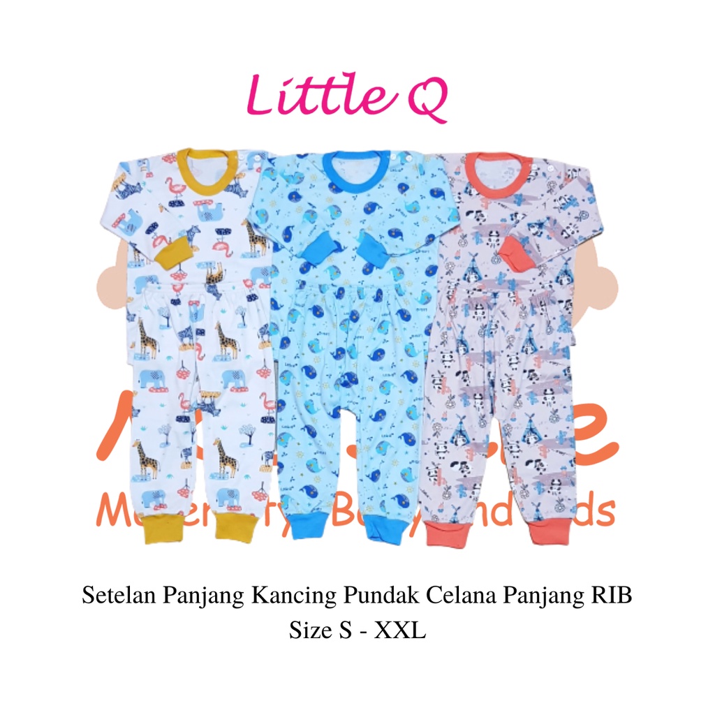 [Size SML] Little Q Setelan Motif Panjang Kancing Pundak Celana Panjang Rib Isi 3 Pcs