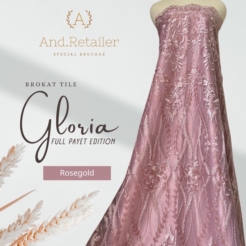 Bahan Kebaya Brokat Tulle Payet Gloria Exclusive Warna Rose Gold