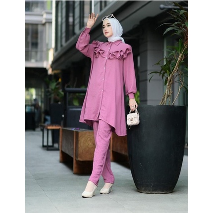 Set Baju Muslim Kasual Kekinian Terbaru 2022 Setelan Wanita Tunik Taro Crinkle Asesoris Kriwil Di Da
