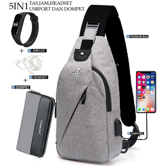 TANMESSO 5IN1 BAYAR DITEMPAT-BONUS JAM LED,DOMPET &amp; USBPORT&amp;HEADSET-tas selempang waterproof