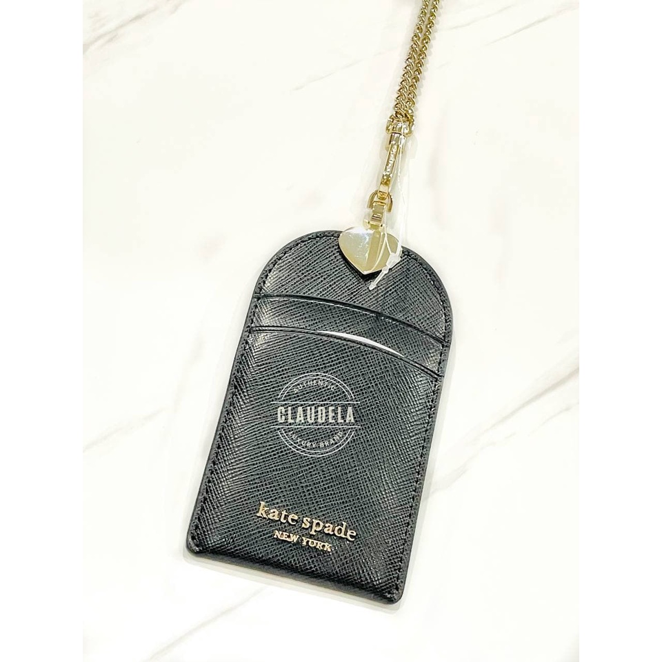 KATE SPADE Spencer ID Lanyard in Back Leather with Chain Strap