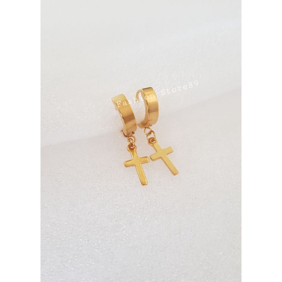 AntingJurai Salib Titanium Import Gold Silver Antikarat Pria Wanita anting salib titanium