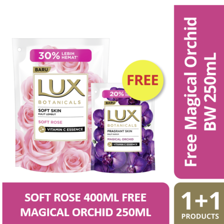 LUX BOTANICALS BODYWASH SOFT ROSE REFILL 400ML + LUX BOTANICALS BODYWASH MAGICAL ORCHID REFILL 250ML