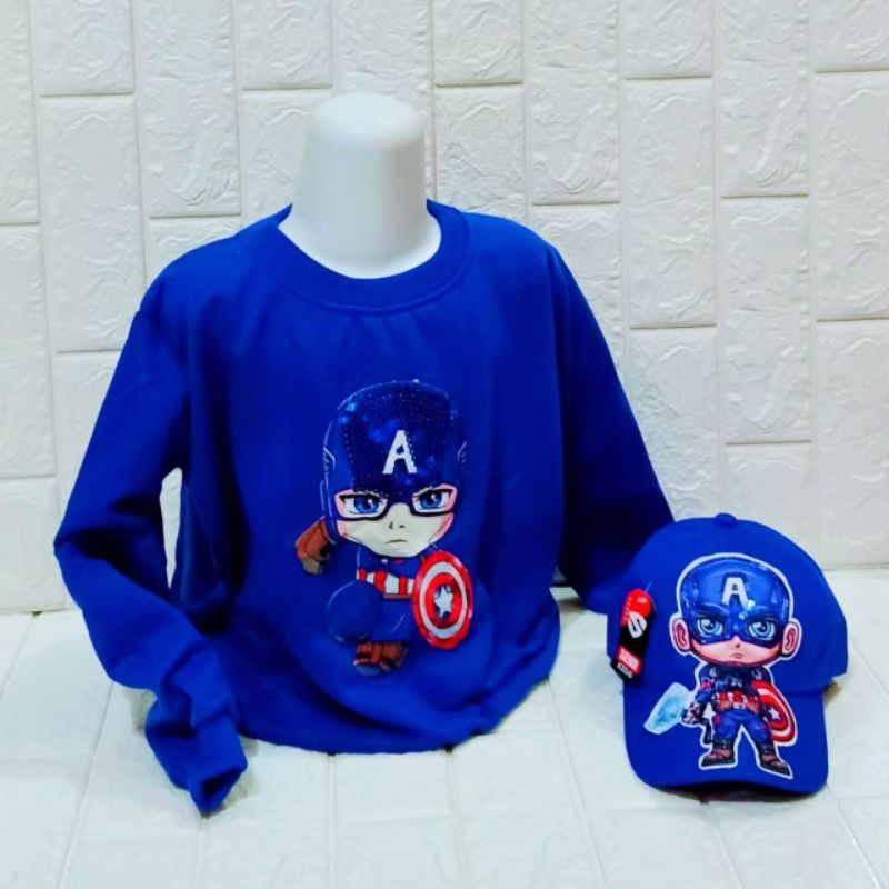 PAKET HEMAT 2 IN 1 JAKET CREWNECK ANAK USIA 1-10 TAHUN DAN TOPI LED MOTIF CAPTAIN AMERICA