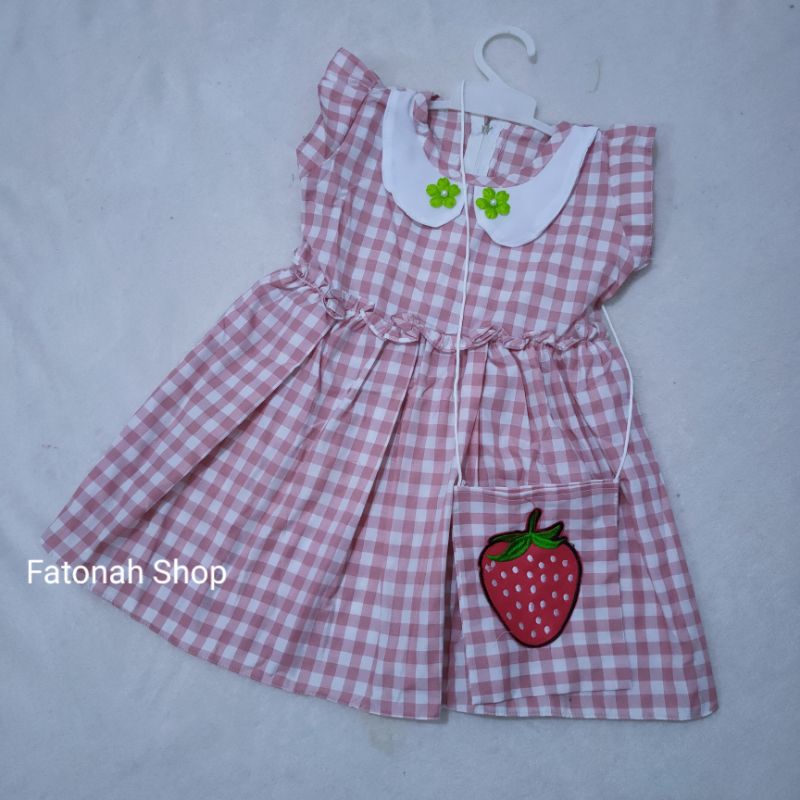 Dress anak 1 2 tahun motif kotak bonus tas baju anak cewek gaun anak perempuan ( dress kotakia tas )