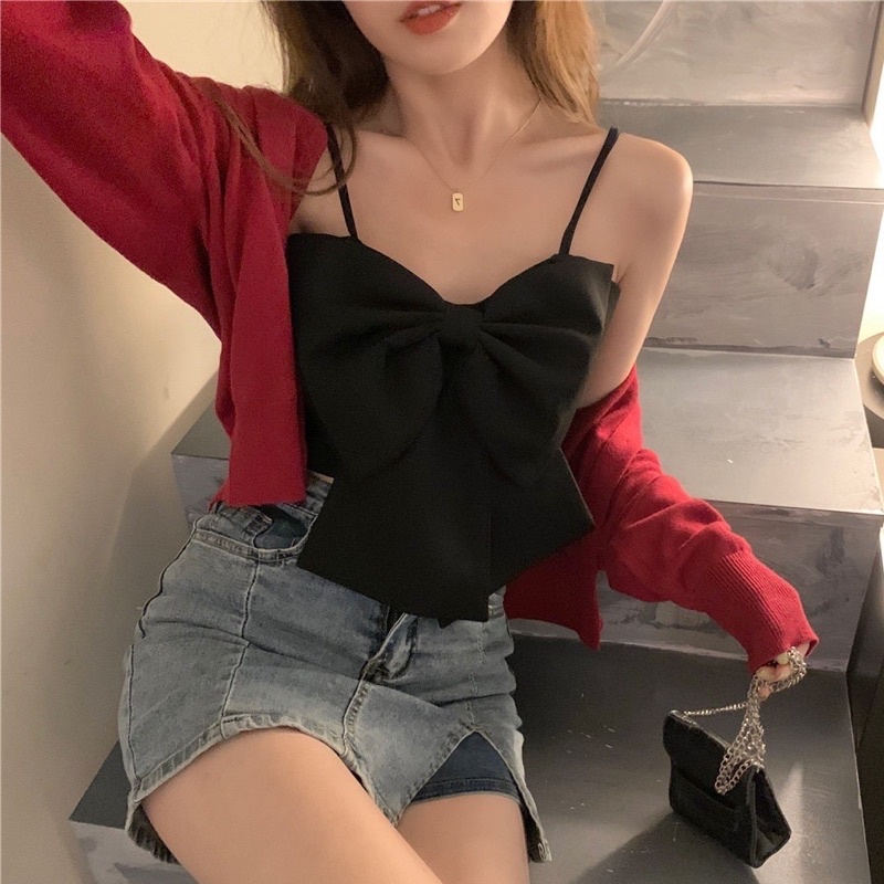 julees ribbon top korean / korea crop tank top / satin tanktop