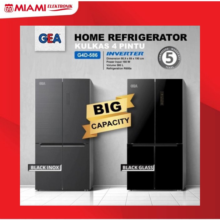 Lemari Es GEA G4D-586 Side By Side 568Liter / Kulkas 4 Pintu GEA G4D586 / Black Glass / Black Inox