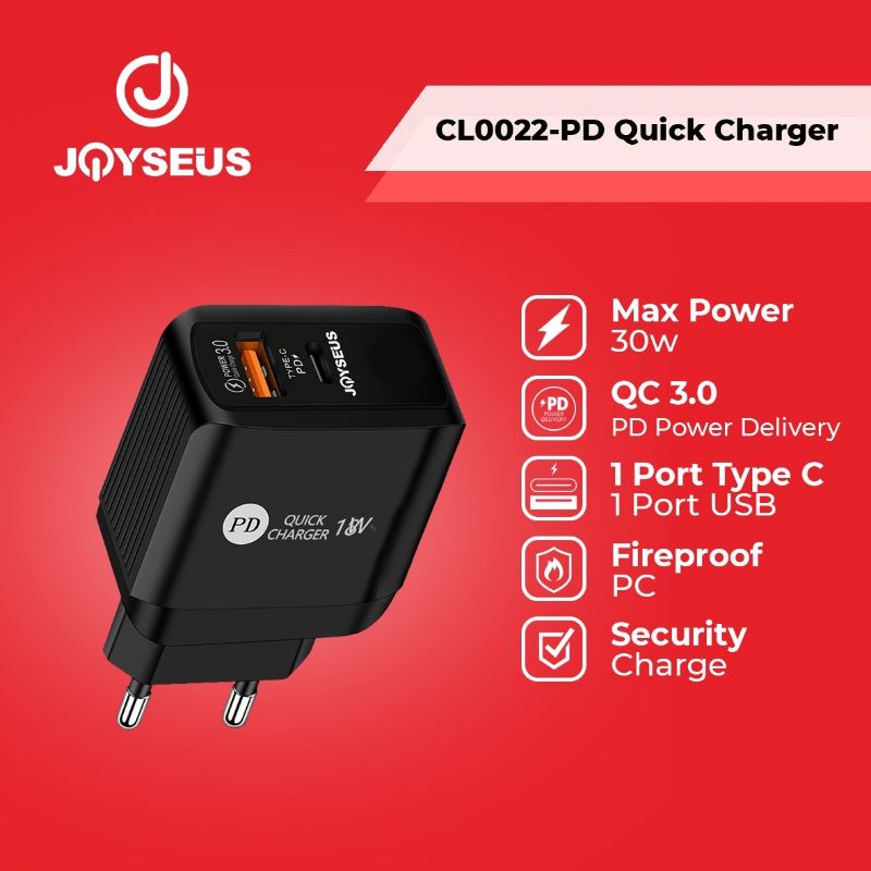 Charger JOYSEUS T1PD 2 Port Type C + USB Fast Charging PD 18W Power Delivery