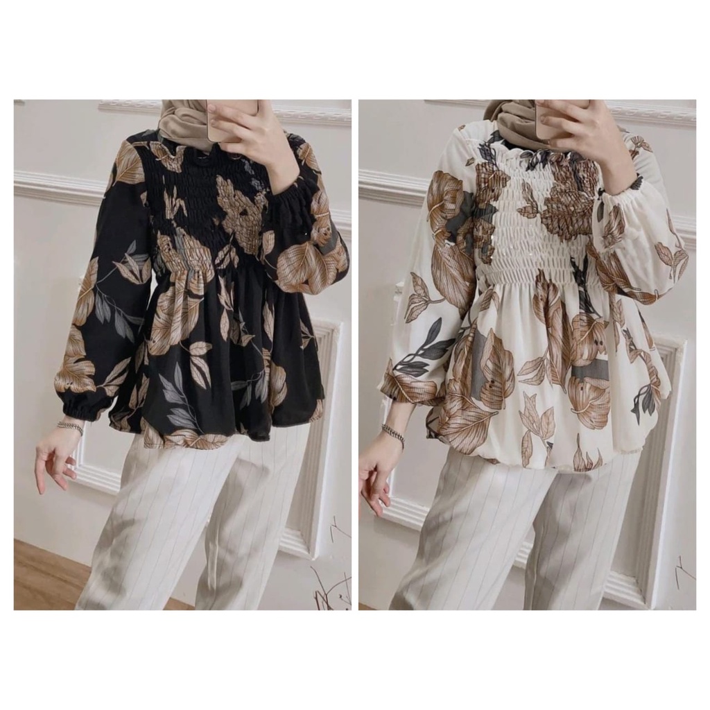 HUM - ZEC OOTD Blouse Kembang Karet / Smocky Blouse / Blus Terbaru Wanita / Atasan Wanita Motif