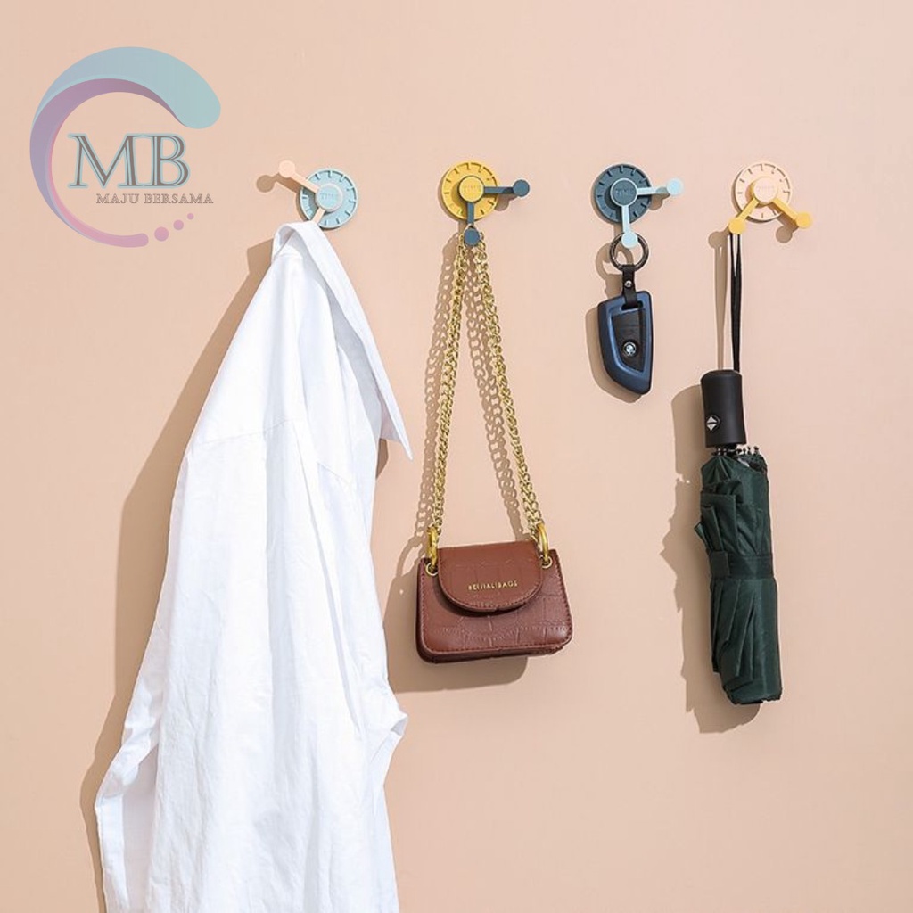 RT104 Gantungan Hanger Hook kunci tempel 2 kait bentuk jam 2 warna rotasi 360 MB3012