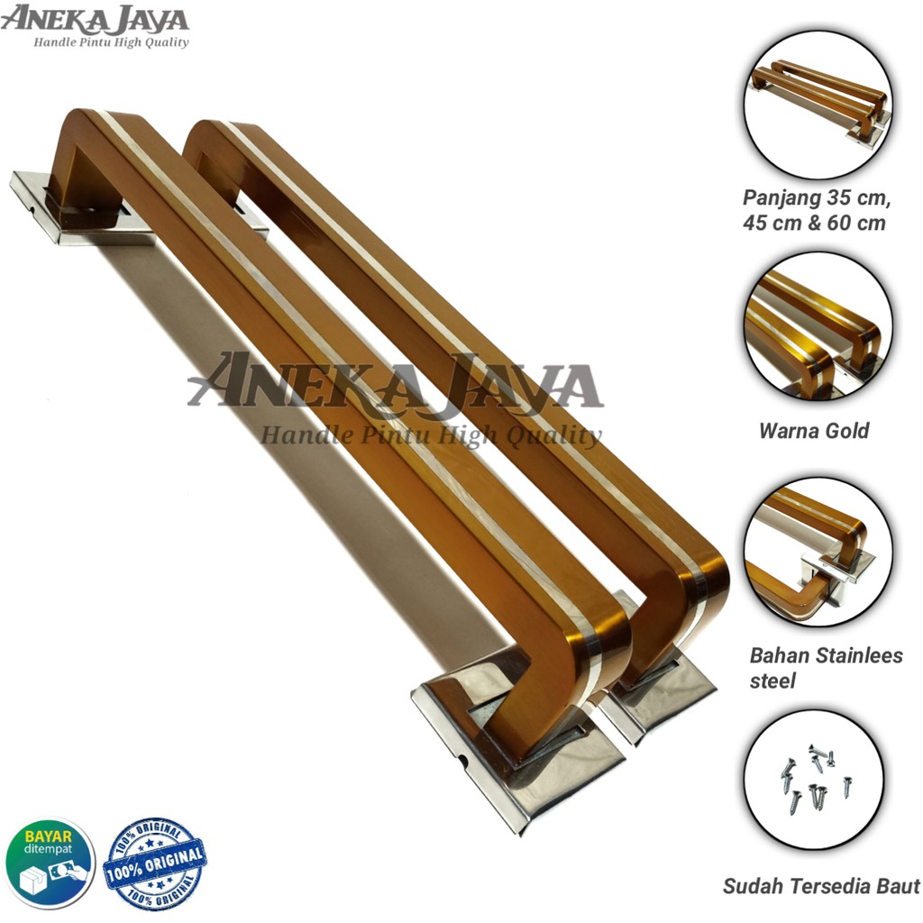 Handle Pintu Rumah Panjang 35 cm 45 cm 60 cm warna Gold kuning emas / Gagang Pintu Rumah Stainless