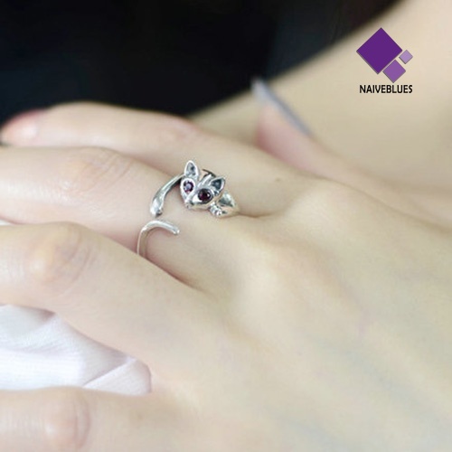 Cincin Model Terbuka Adjustable Desain Hewan Kucing Aksen Berlian Imitasi Untuk Wanita