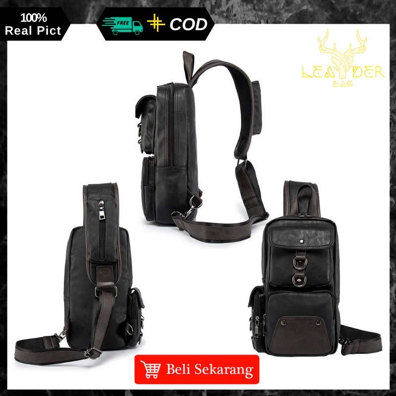 Tas Waist Bag Kulit Pria Original Model Terbaru Warna Hitam Atau Tas Slingbag Selempang Kulit Cowok Distro Import C12 GALAXI