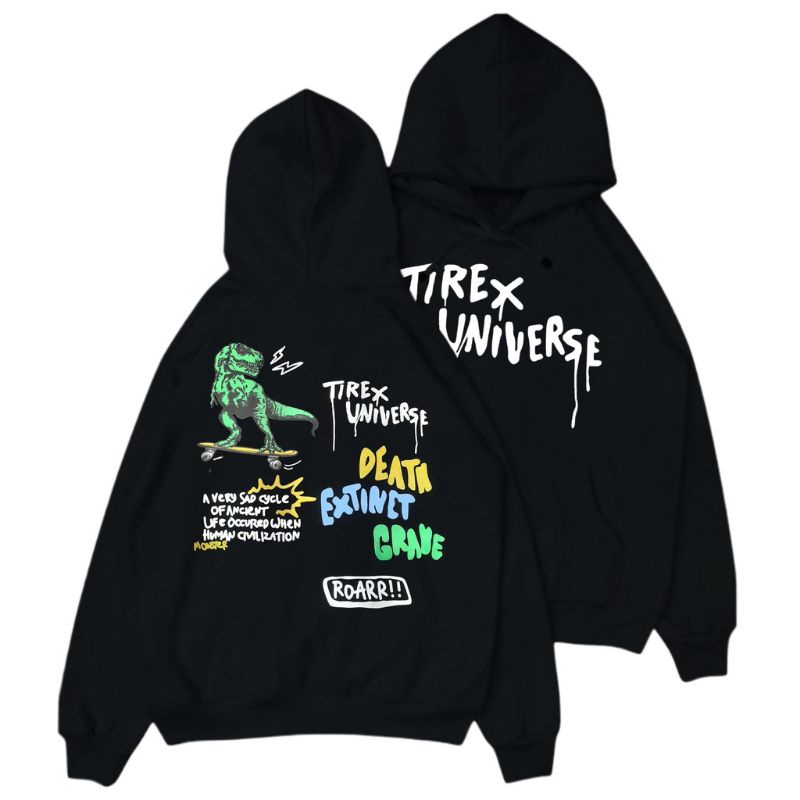 TURUN HARGA ! Sweater Hoodie Distro Bgoods Motif Tirex Universe Hitam Cream Pria &amp; Wanita Hodie Pria Hoddie Cowok Bahan Fleece Banyak Motif Unisex / Hoodie Prostreet