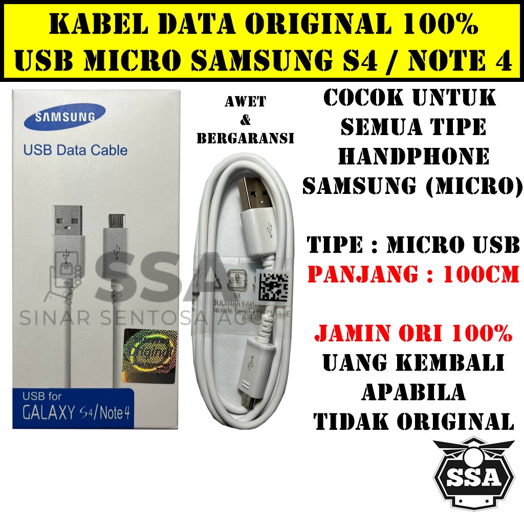 Kabel Data Original 100% Micro USB Samsung Galaxy S4 Note 4 2A All Type Semua Tipe Cable Ori Charger Charging 100cm 1m V8 Bergaransi Awet ORI Fast Charge Cas